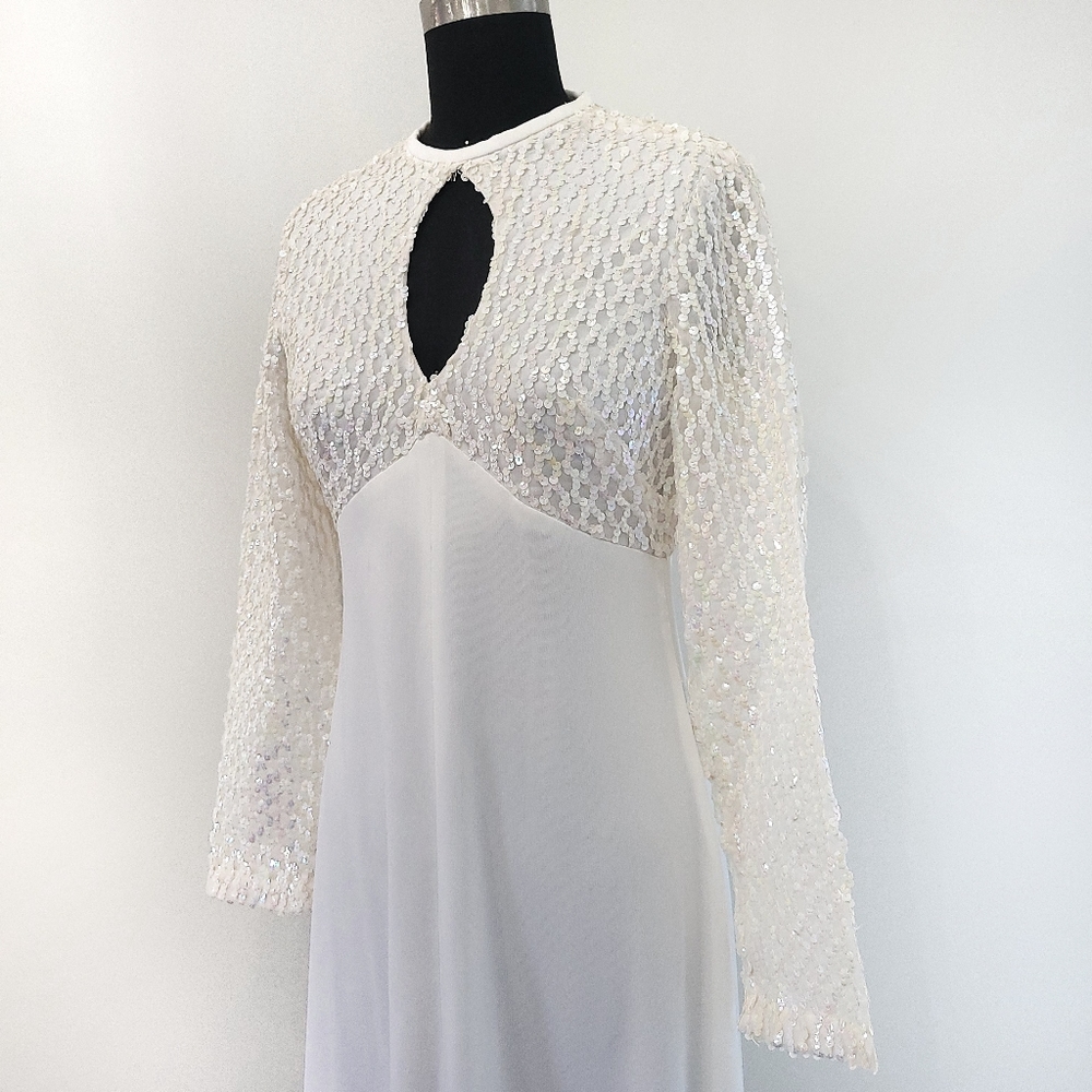 Vintage 1970s Irredecscent Sequin White Angel Maxi Dress - Picture 6 of 11